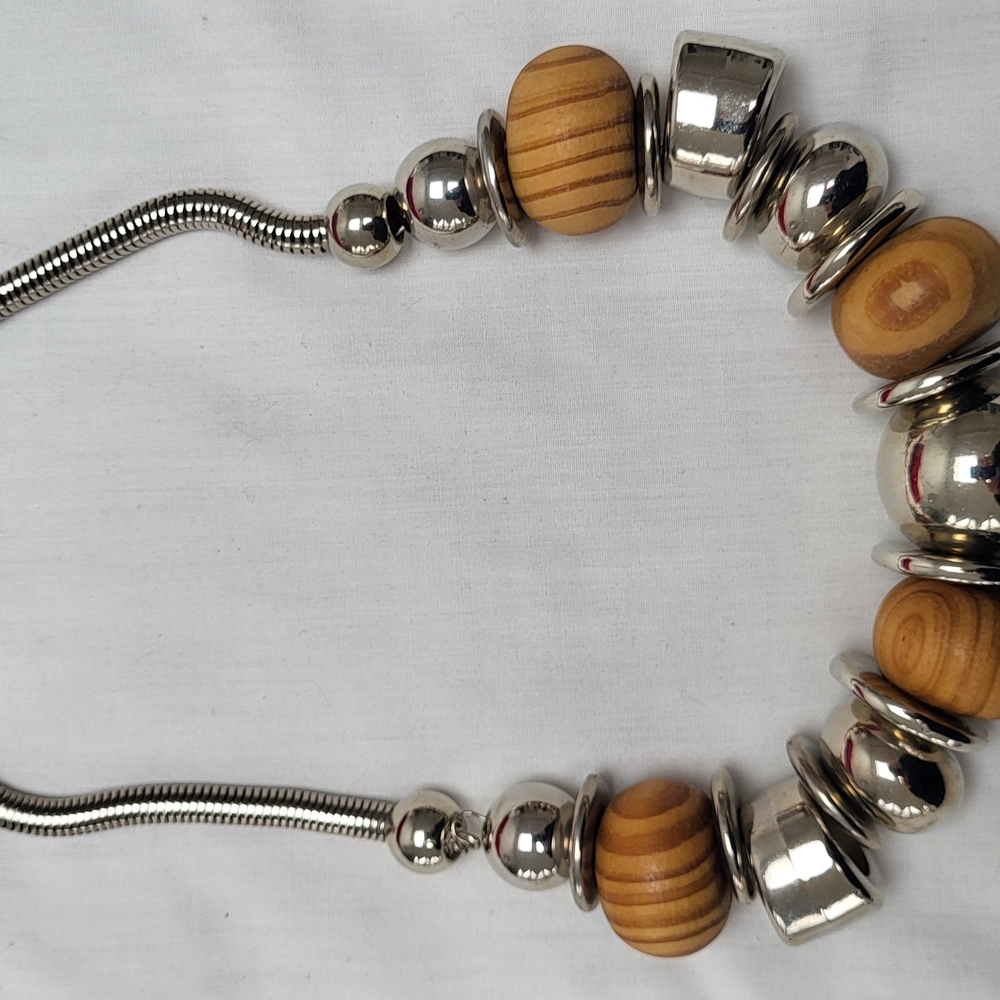 Silver Toned and Wood Beaded Necklace